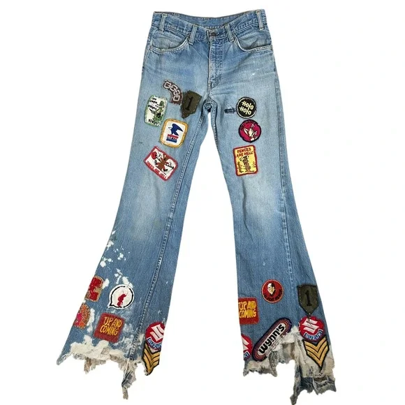 Levi's Custom Patchwork Flare Jeans Distressed Festival Boho 70s Hippie bell - Picture 1 of 12